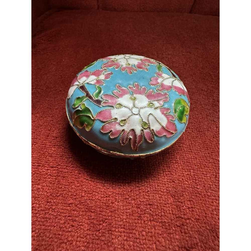 VTG Cloisonne Trinket Box Blue Floral Round Hinged Keepsake Jewelry Organizer